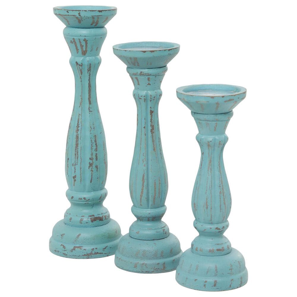 Maple and Jade Turned Pillar Decorative Candle Holder in Distressed Blue and Brown (Set of 3), , large