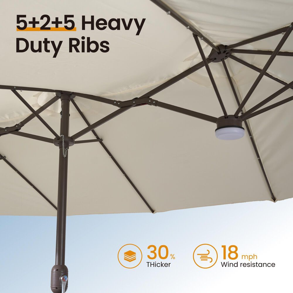 HOMLUX 15' Double-Sided Outdoor Market Umbrella with Sandbag Base and White LED Beads in White, , large