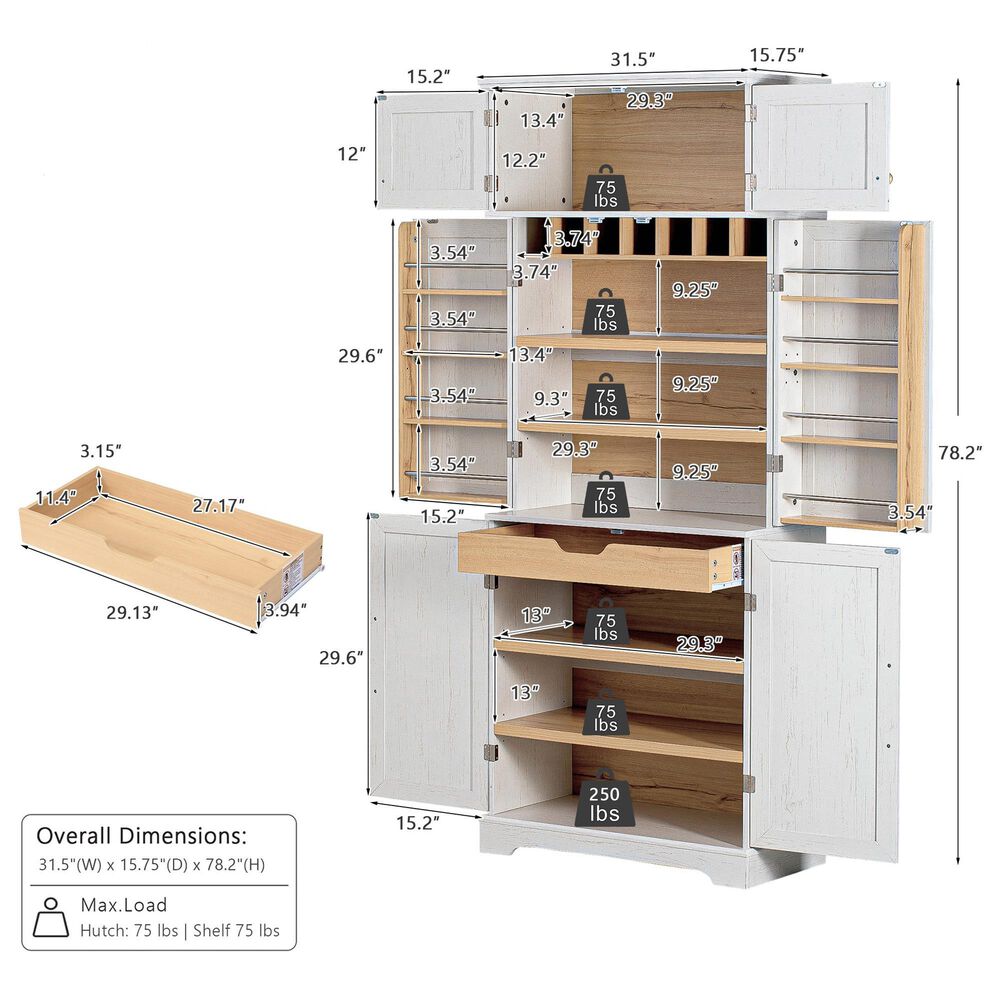 HOMLUX HOMLUX 78.2" Tall Farmhouse Kitchen Pantry Cabinet with 8 Door Shelves, Storage Cabinet with 4 Adjustable Shelves, Hidden Drawer, Wine Rack, Versatile Cupboard for Kitchen, Dining &amp; Bathroom, Retro White, , large