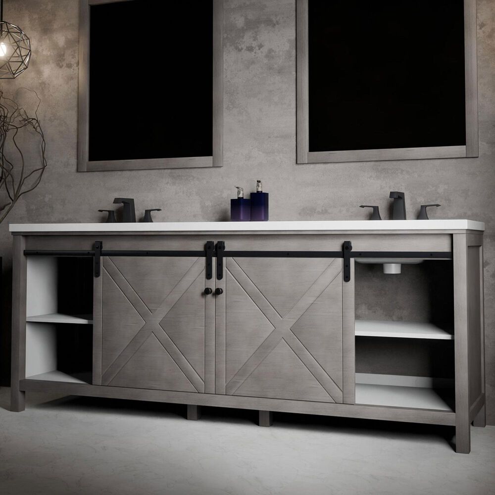 Lexora Home Marsyas 84&quot; Double Bathroom Vanity in Ash Grey with White Quartz Top and Rectangular Sinks, , large