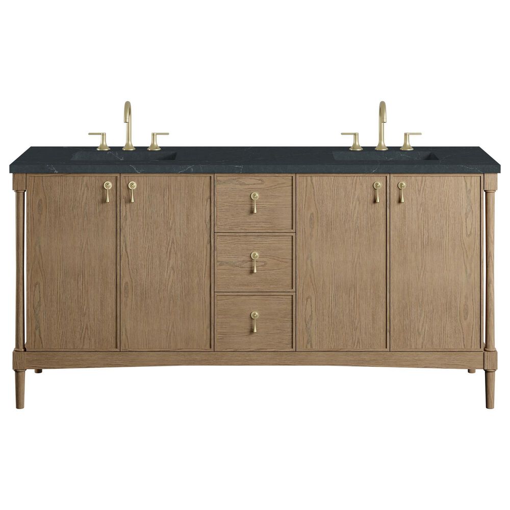 James Martin Kinnsden 72" Double Bathroom Vanity in Weathered Oak with 3 cm Charcoal Soapstone Silestone Top and Rectangular Sinks, , large