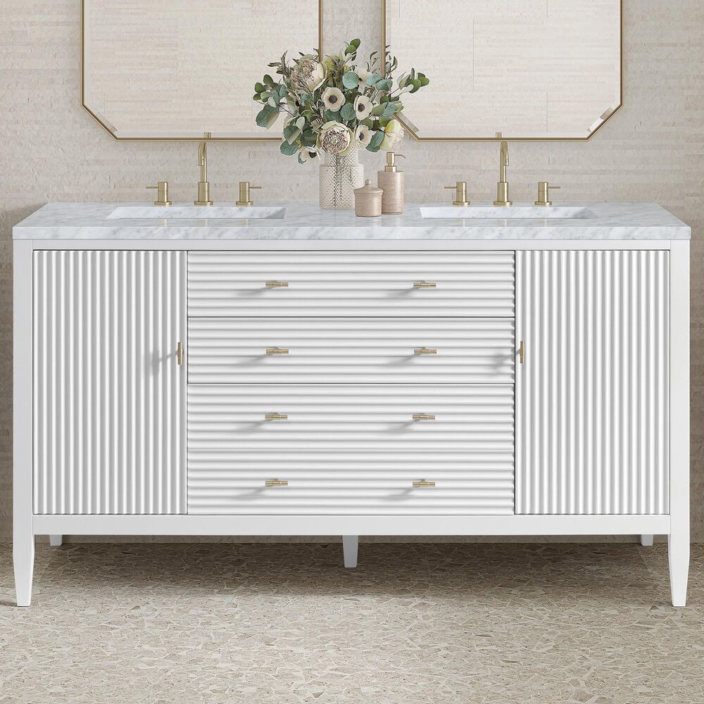 James Martin Vanities Myrrin 60&quot; Double Vanity in Bright White with 3 cm Carrara White Marble Top, , large