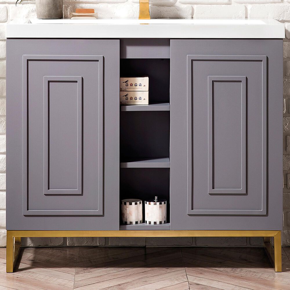 James Martin Vanities Alicante 39.5&quot; Single Bathroom Vanity in Grey Smoke and Radiant Gold with 5 cm White Glossy Resin Top and Rectangular Sink, , large