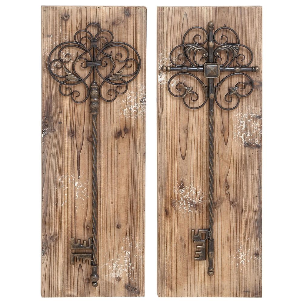 Maple and Jade 36" x 13" Skeleton Keys on Plank Wall Panel in Brown (Set of 2), , large