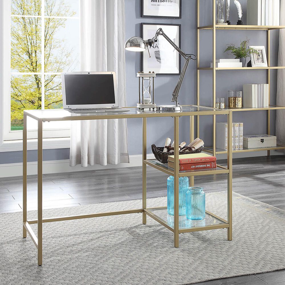 Carolina Cottage Marcello Glass Top Desk with Shelves in Gold, , large