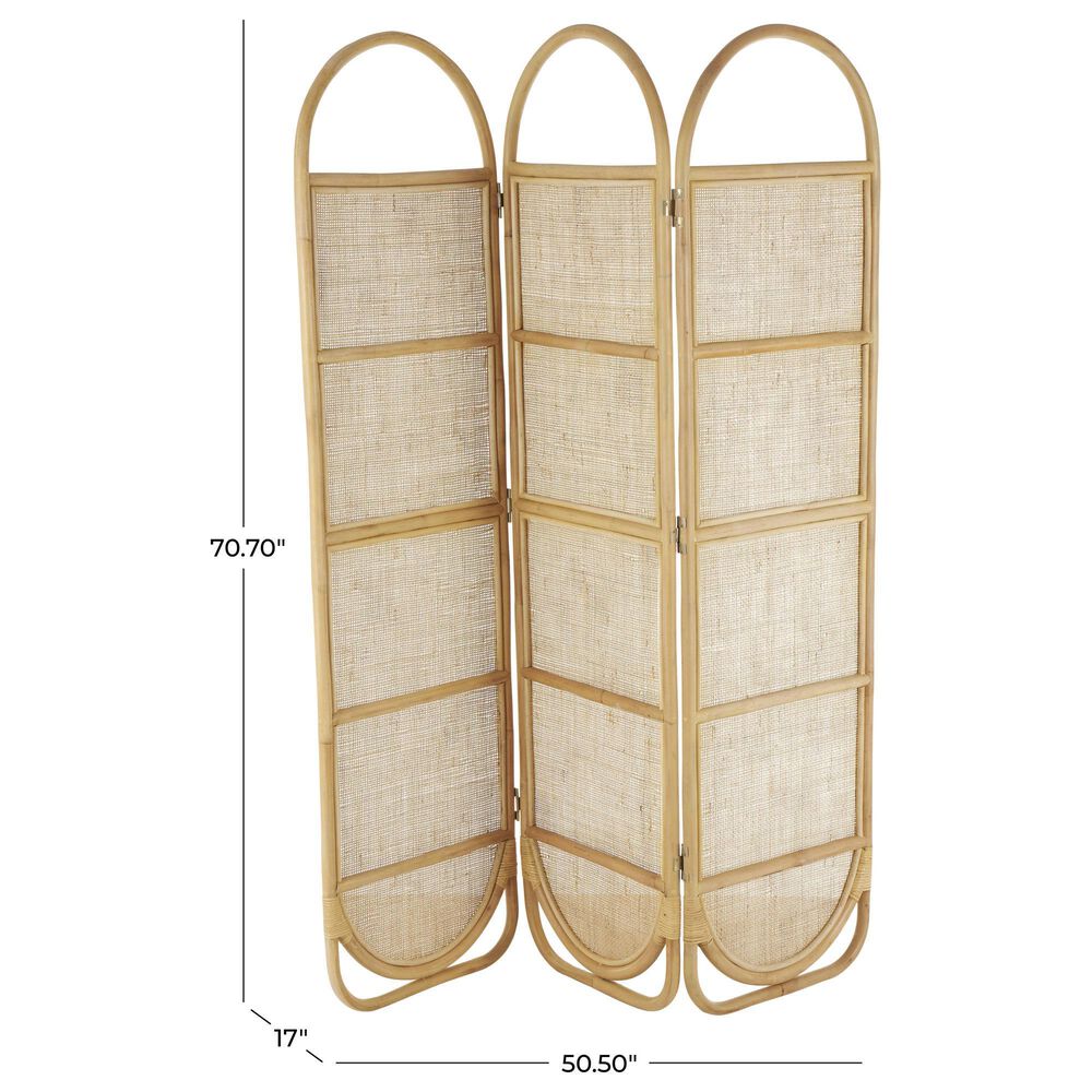 Maple and Jade 3-Panel Arched Oval Partition Room Divider Screen in Light Brown, , large
