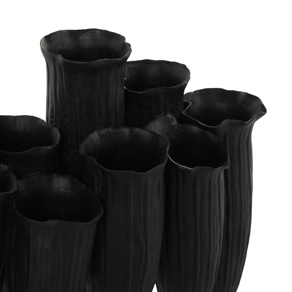 Maple and Jade Floral Inspired Abstract Decorative Vase with Linear Grooves and 10 Openings in Sleek Black, , large