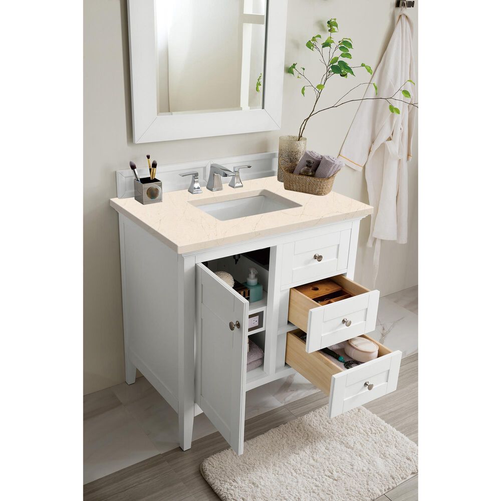 James Martin Vanities Palisades 36&quot; Single Bathroom Vanity in Bright White with 3 cm Eternal Marfil Quartz Top and Rectangular Sink, , large