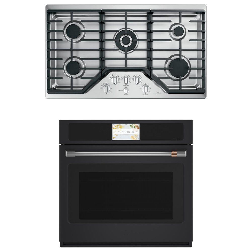 Cafe 2-Piece Kitchen Package with Matte Black 30" Smart Built-In Convection Single Wall Oven and Stainless Steel 36" Gas Cooktop, , large