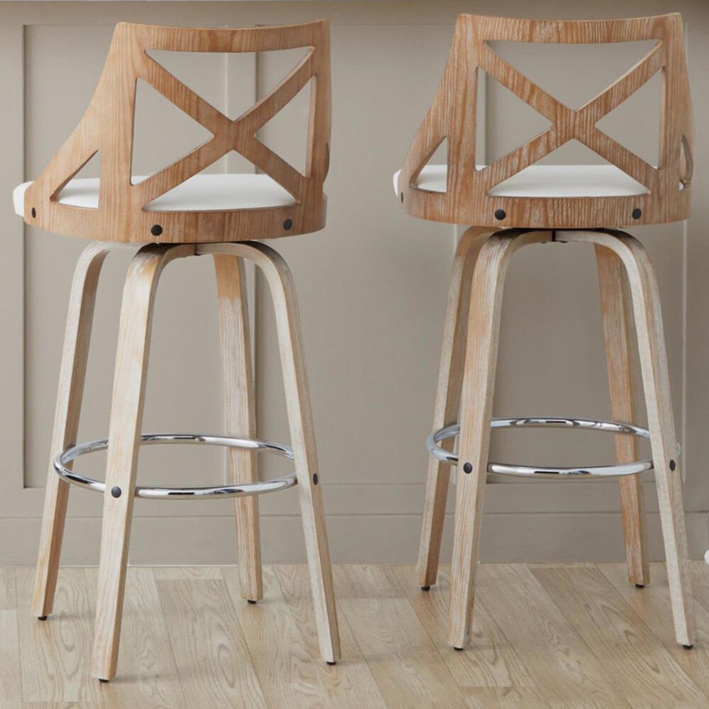 LumiSource Charlotte Swivel Bar Stool with White Faux Leather Upholstery in Whitewashed and Chrome (Set of 2), , large