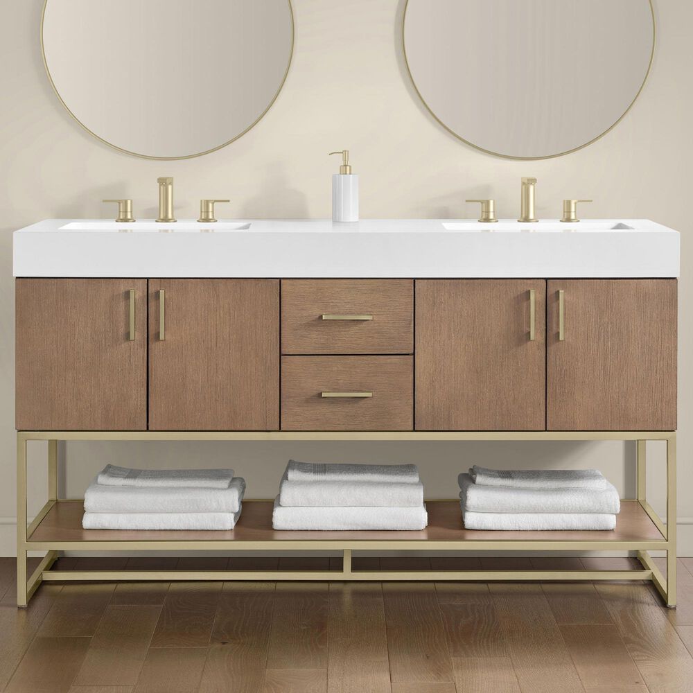 37B Mauri 60" Double Bathroom Vanity with Metal Base in Walnut Drift with High-Profile 4" White Composite Stone Top, , large