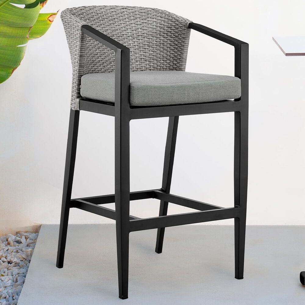 Armen Living Palma Patio Bar Stool with Dark Grey Cushion in Black, , large