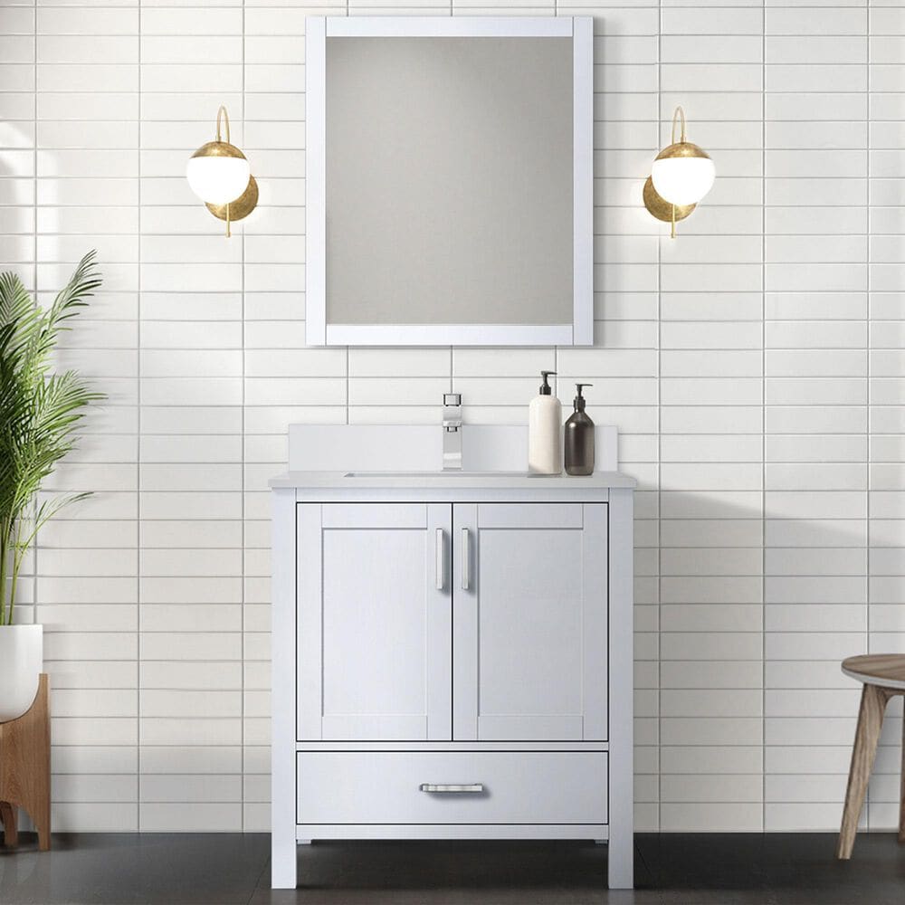 Lexora Home Jacques 30&quot; Single Bathroom Vanity in Navy Blue with 2 cm White Quartz Top, Rectangular Sink and 28&quot; Mirror, , large