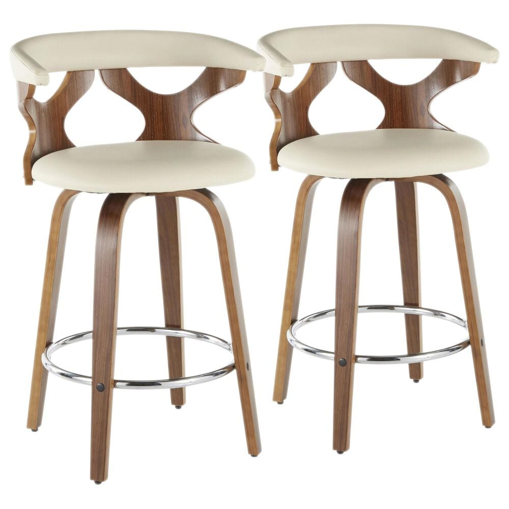 LumiSource Gardenia Swivel Fixed-Height Counter Stool with Cream Fabric Upholstery in Chrome and Walnut (Set of 2), , large