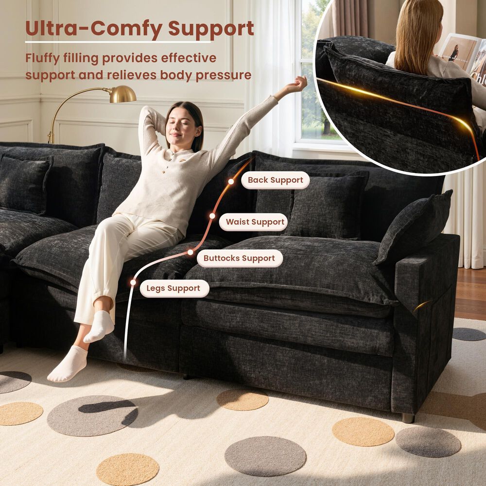 HOMLUX 107.87" Ultra-Comfort Chenille Sectional Sofa Set in Balck, , large