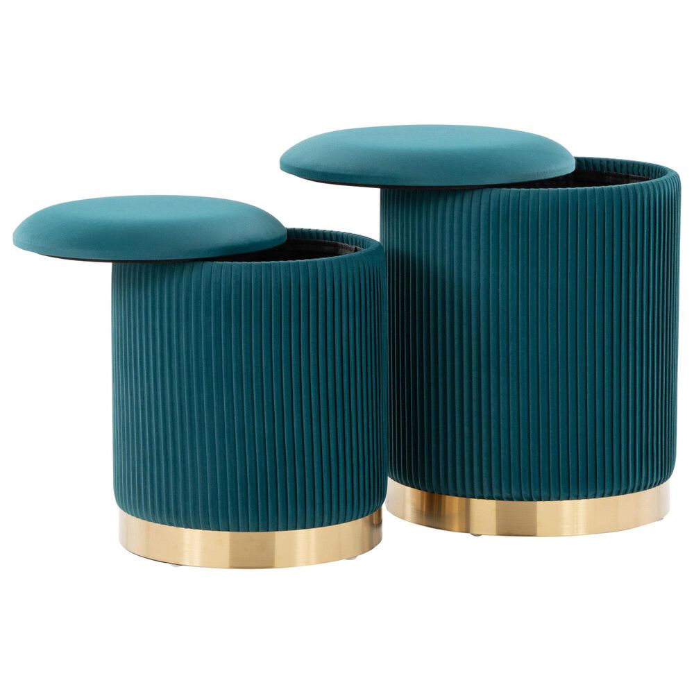 Lumisource Marla 2-Piece Nesting Pleated Ottoman Set Peacock Teal, , large