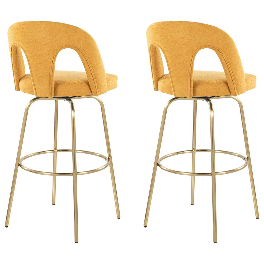 LumiSource Ava Swivel Bar Stool with Yellow Fabric Upholstery in Gold (Set of 2), , large