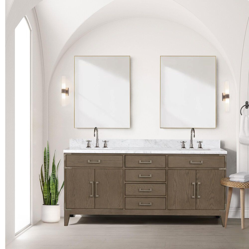 Lexora Home Laurel 72&quot; Double Bathroom Vanity in Grey Oak with White Carrara Marble Top and Rectangular Sinks, , large