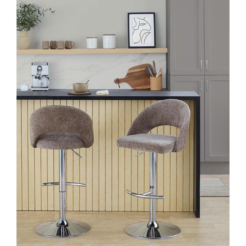 LumiSource Renee Adjustable Swivel Bar Stool with Brown Fabric Upholstery in Chrome (Set of 2), , large