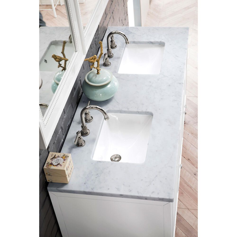 James Martin Vanities Athens 60&quot; Double Bathroom Vanity in Glossy White with 3 cm Carrara White Marble Top and Rectangular Sinks, , large