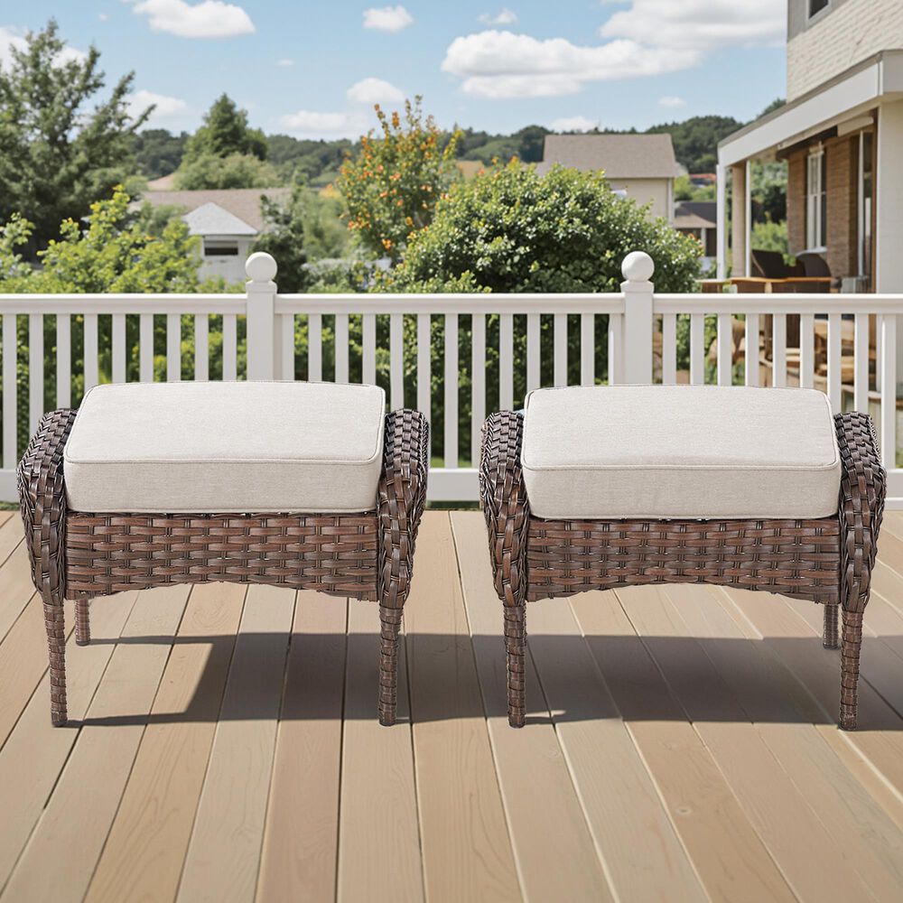 Hearth and Haven Patio Wicker Ottoman with Brown Rattan in Beige (Set of 2), , large