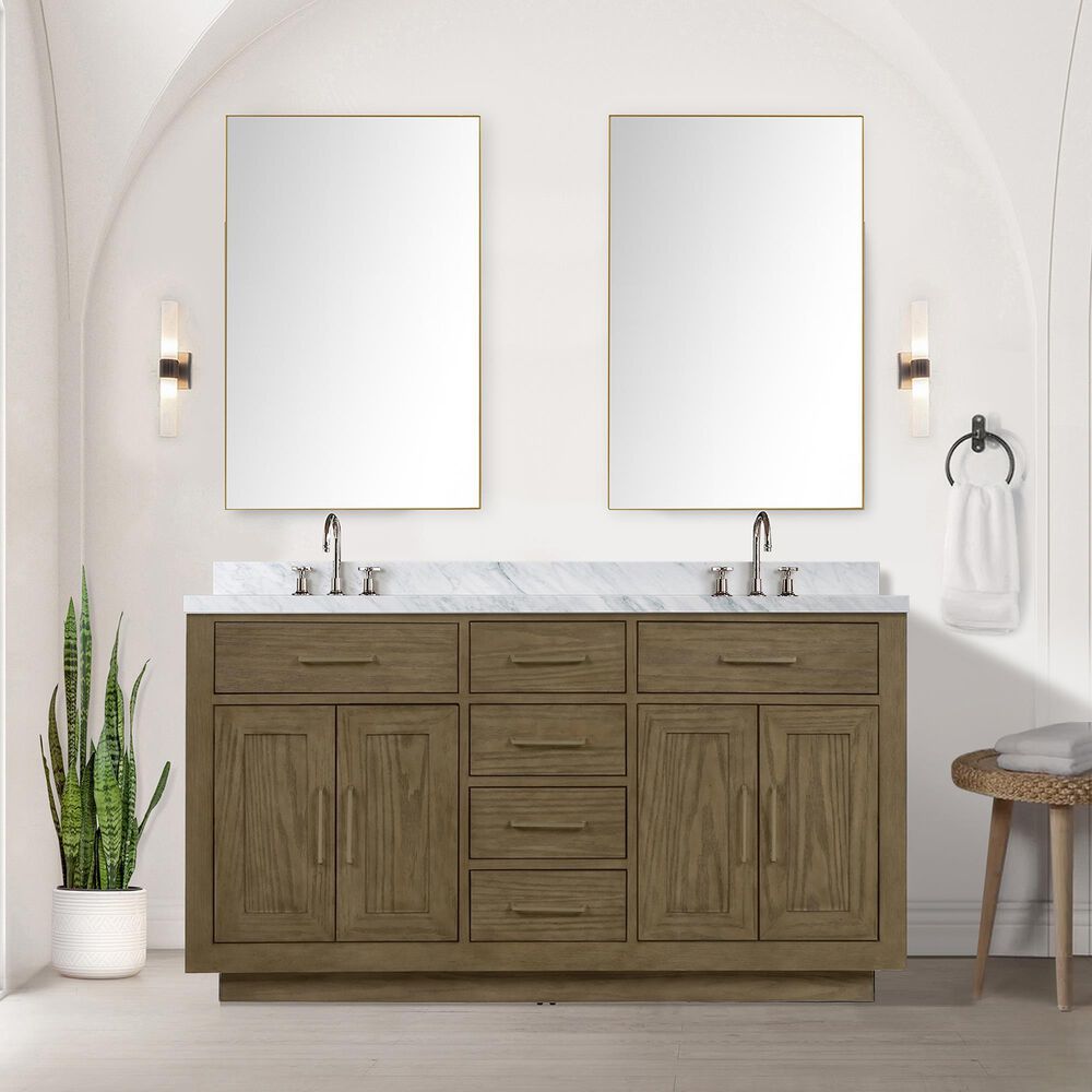 Lexora Home Abbey 60&quot; Double Bathroom Vanity in Grey Oak with 2 cm White Carrara Marble Top and Rectangular Sinks, , large