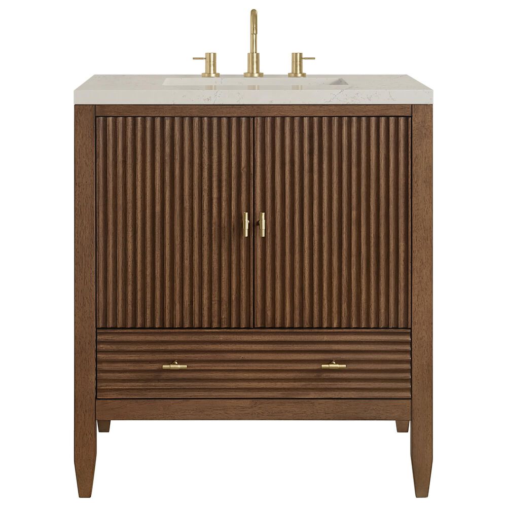 James Martin Myrrin 30" Single Bathroom Vanity in Mid-Century Walnut with 3 cm Siberian Silestone Top and Rectangular Sink, , large