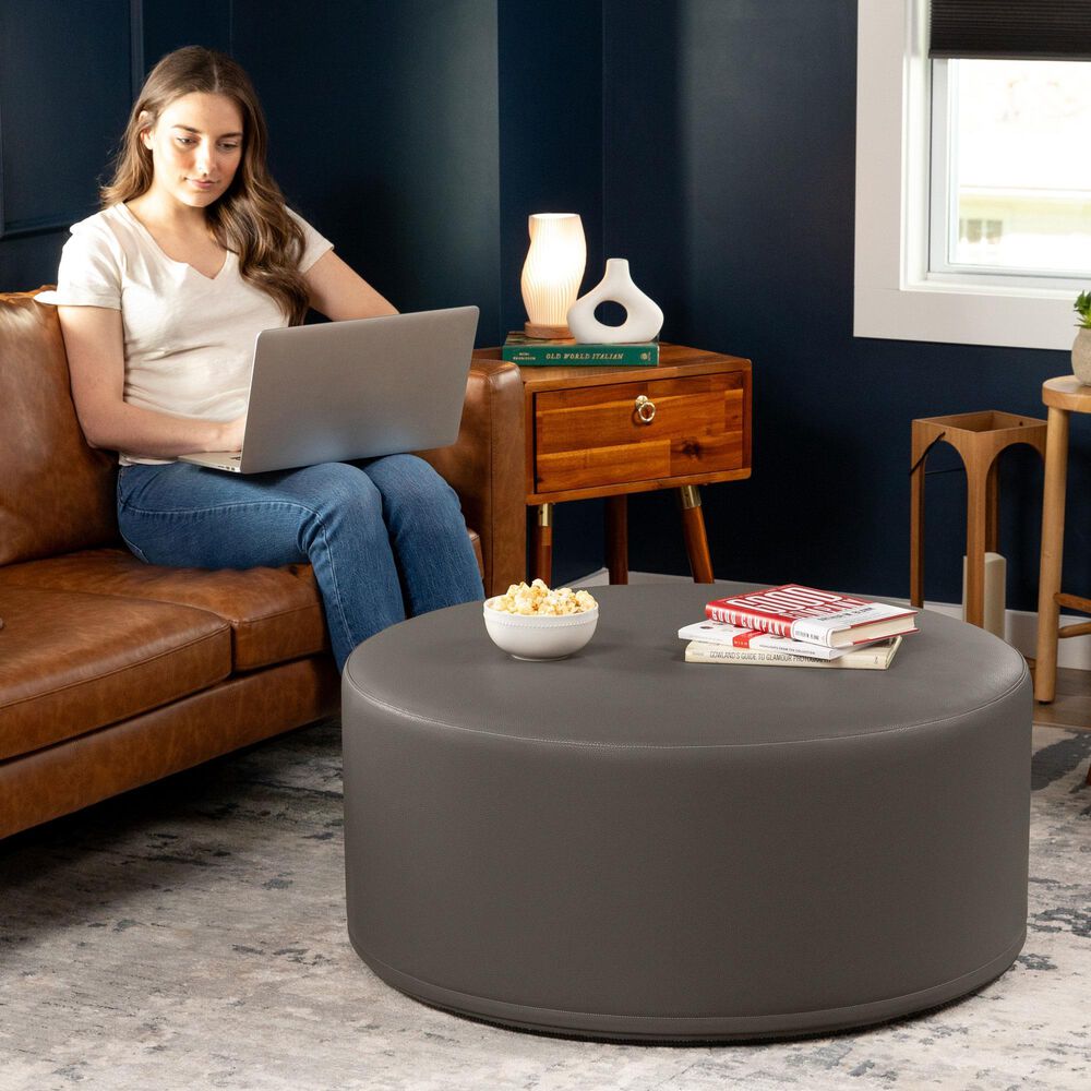 Jaxx Candler Faux Leather Ottoman in Gunmetal, , large