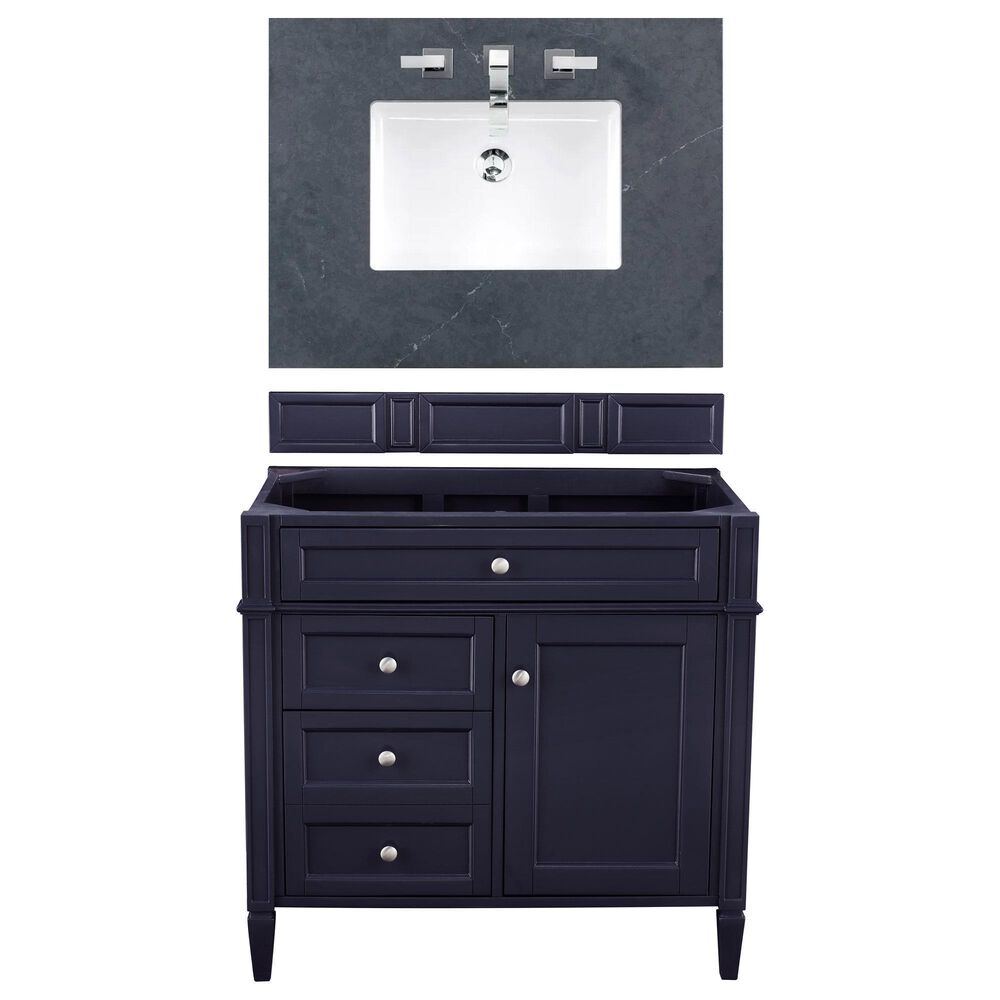 James Martin Vanities Brittany 36" Single Bathroom Vanity in Victory Blue with 3 cm Charcoal Soapstone Quartz Top and Rectangle Sink, , large