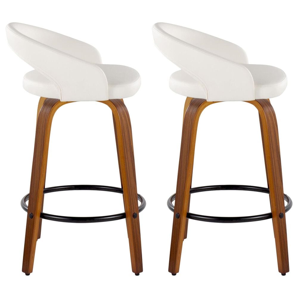 LumiSource Grotto Swivel Counter Stool with White Faux Leather Upholstery in Walnut Wood and Black (Set of 2), , large