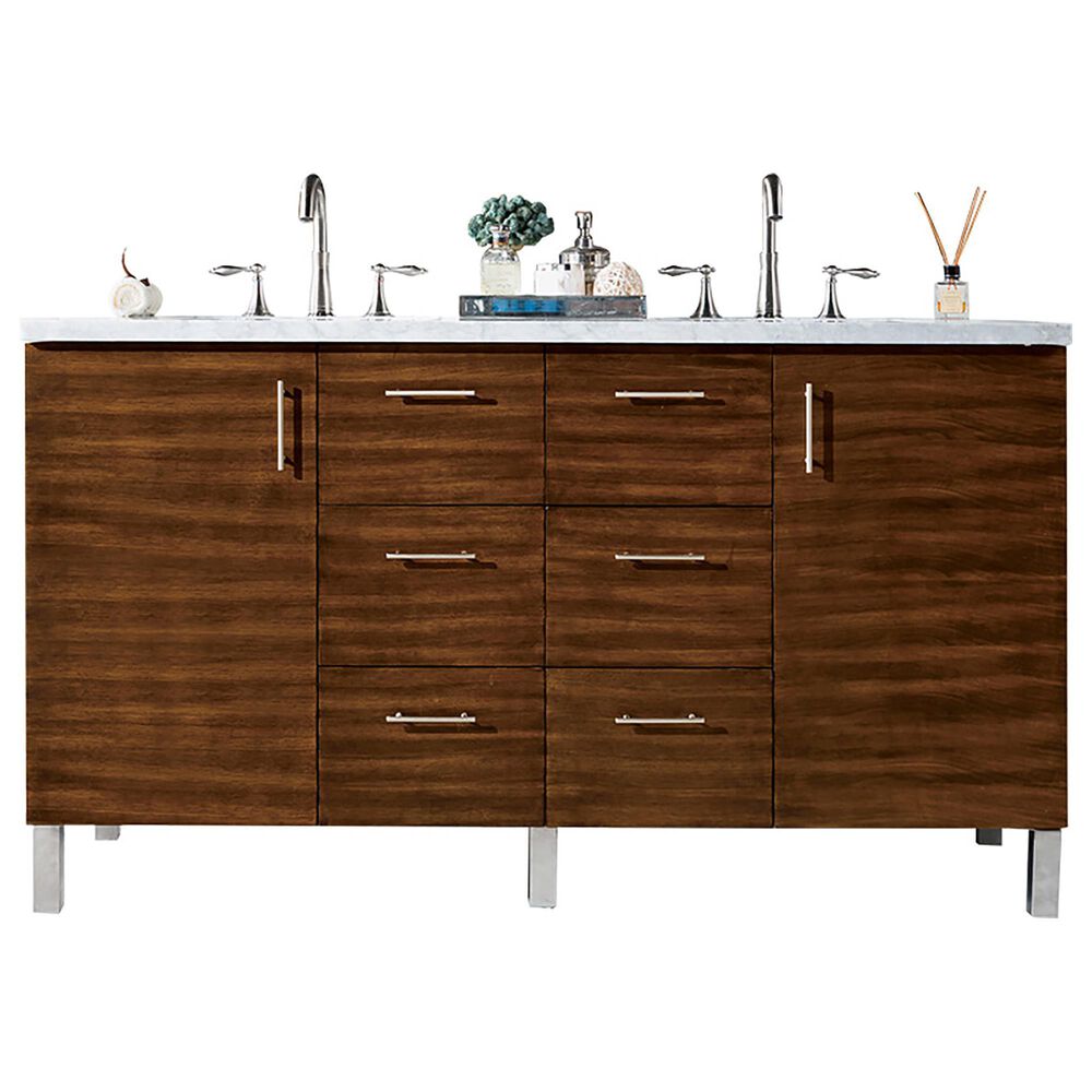 James Martin Vanities Metropolitan 60" Double Bathroom Vanity in American Walnut with 3 cm Eternal Jasmine Pearl Quartz Top and Rectangular Sinks, , large