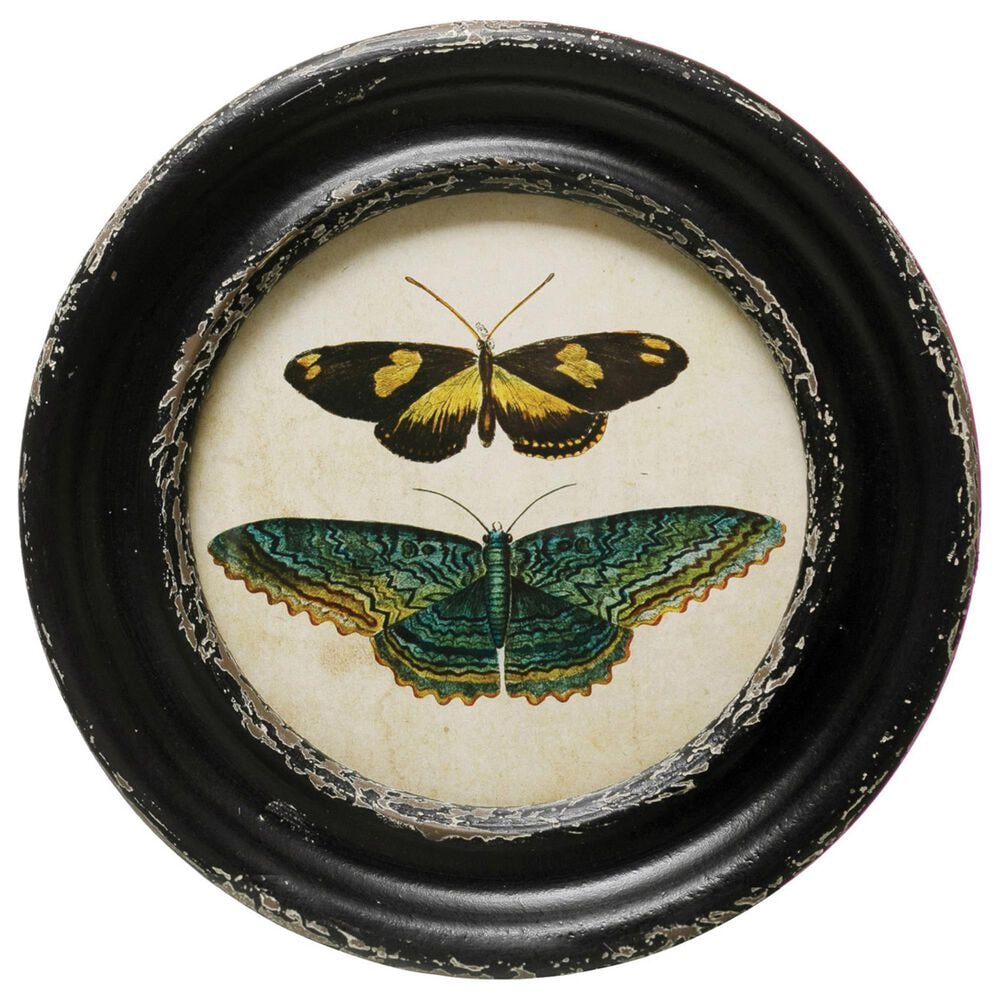 Creative Coop 9.5" Round Moth and Butterfly Wall Art in Distressed Black, Green, Yellow, Pink, Blue and Brown (Set of 4), , large