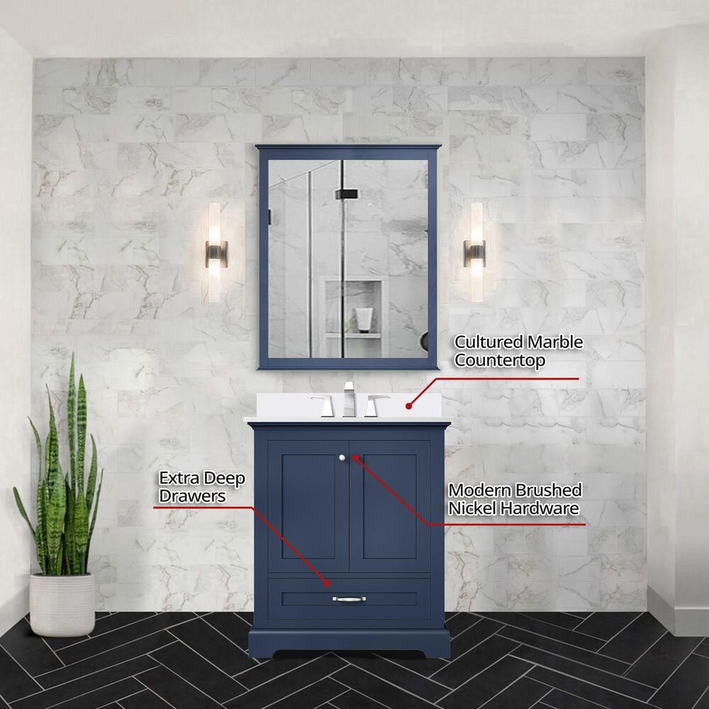 Lexora Home Dukes 30&quot; Single Bathroom Vanity in Navy Blue with 2 cm White Cultured Marble Top and Rectangular Sink, , large