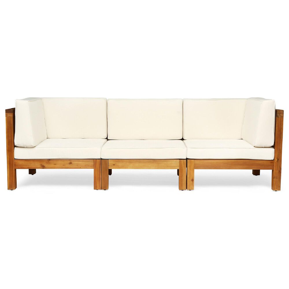 Noble House Oana 3-Piece Patio Sofa Set with Beige Cushion in Teak Brown, , large