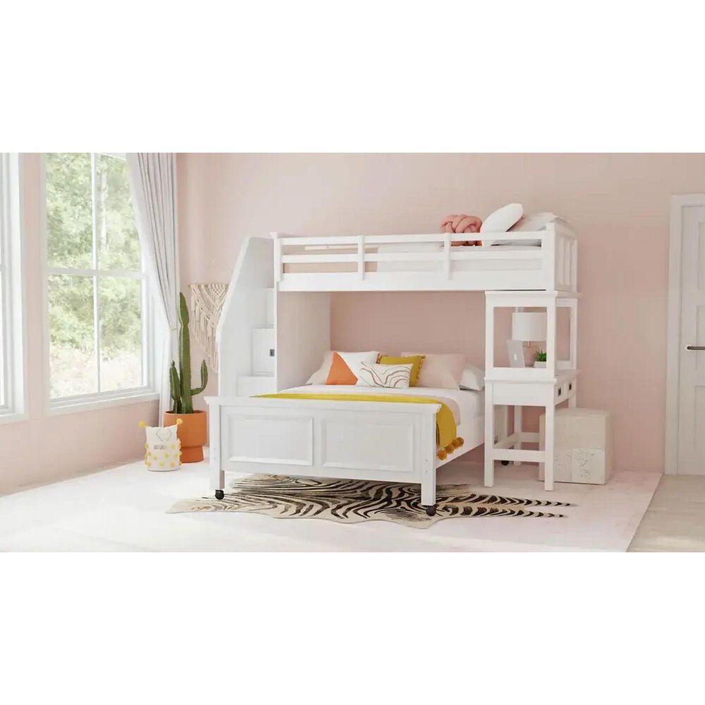 Mayberry Hill Hampton Twin Over Full Bunk Loft Bed with Staircase and Desk in White, , large