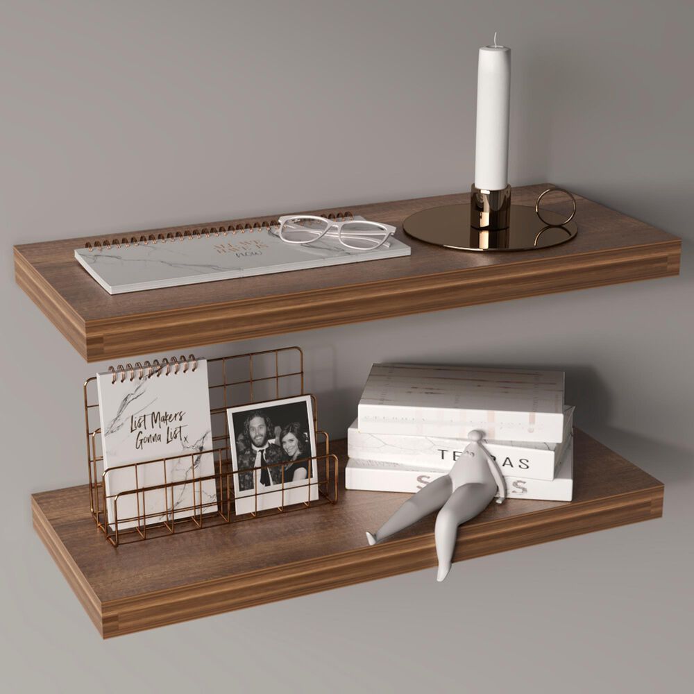 Hearth and Haven 32" Floating Wall Shelf in Walnut (Set of 2), , large