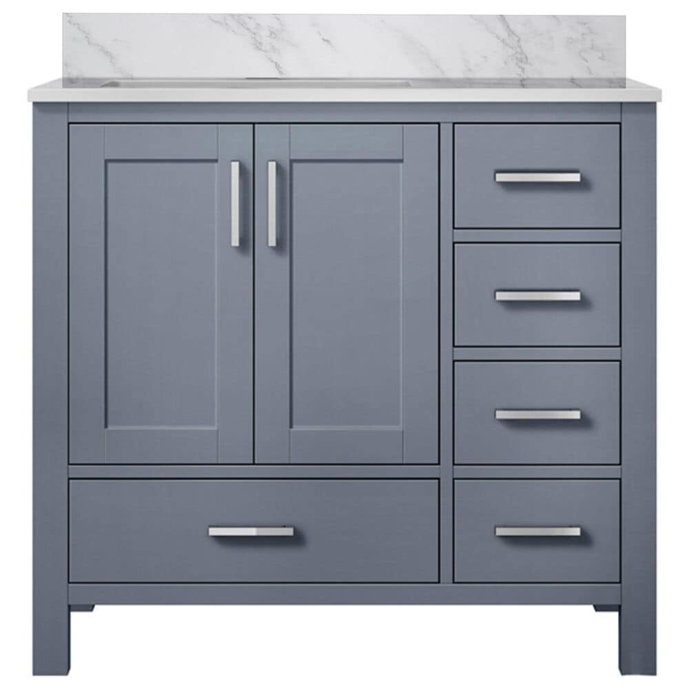 Lexora Home Jacques 36" Left Offset Single Bathroom Vanity in Dark Grey with 2 cm White Carrara Marble Top and Rectangular Sink, , large