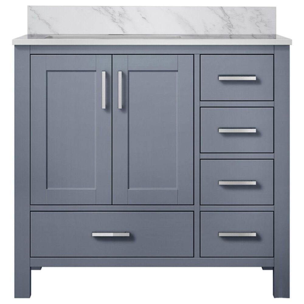 Lexora Home Jacques 36" Left Offset Single Bathroom Vanity in Dark Grey with 2 cm White Carrara Marble Top and Rectangular Sink, , large