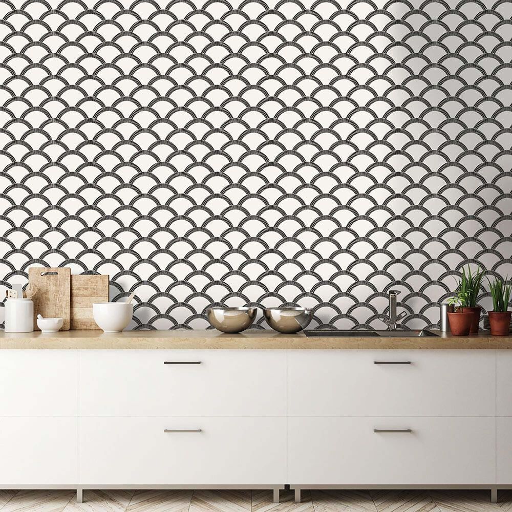 Tempaper 28 sq. ft. Mosaic Scallop Black &amp; Cream Peel and Stick Wallpaper, , large