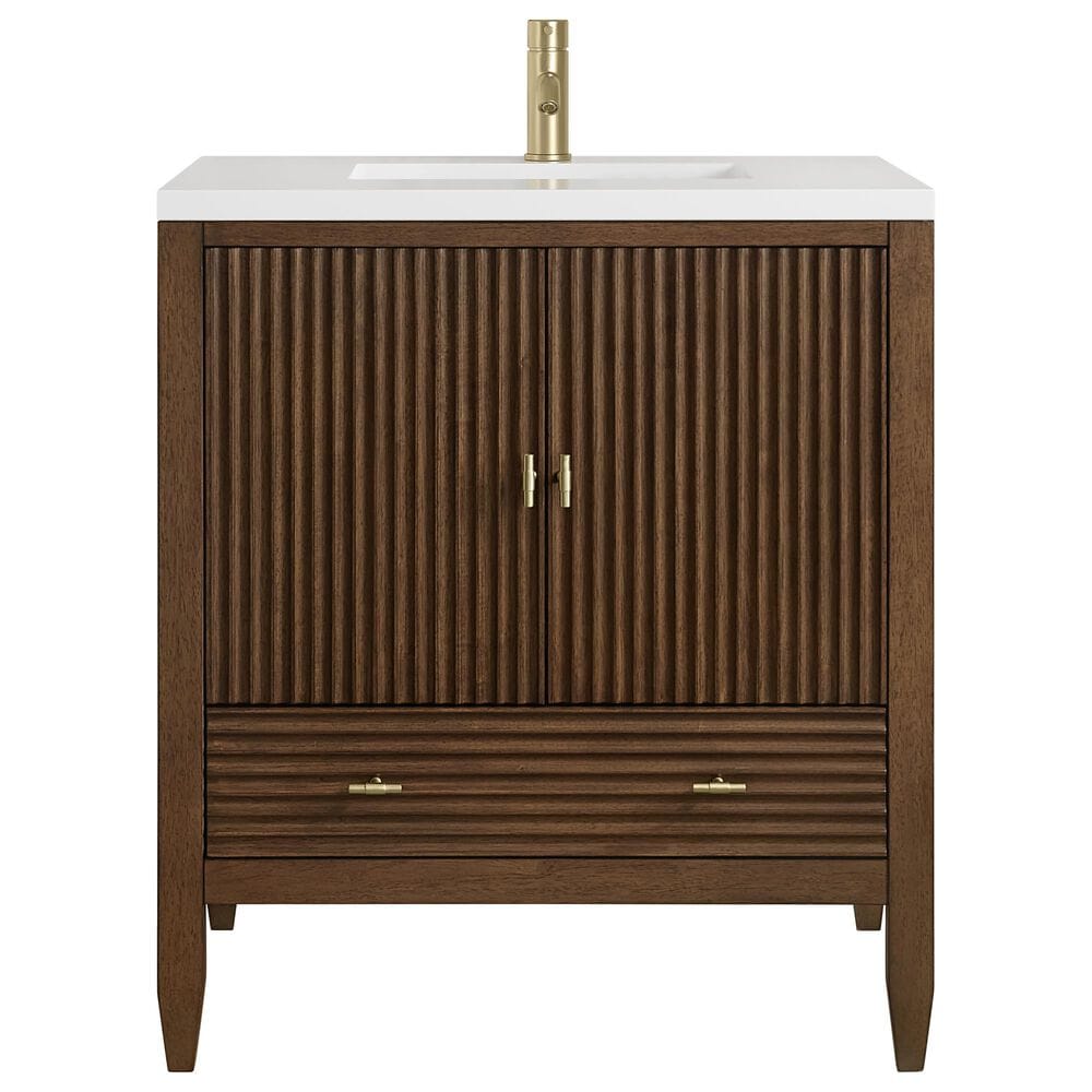 James Martin Myrrin 30" Single Bathroom Vanity in Mid-Century Walnut with Single Hole 3 cm White Zeus Silestone Top and Rectangular Sink, , large