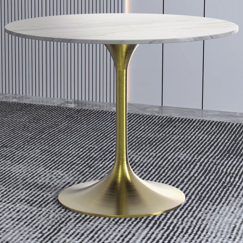 Leisuremod LeisureMod Verve Collection 36 Round Dining Table, Brushed Gold Base with Sintered Stone White Top, , large