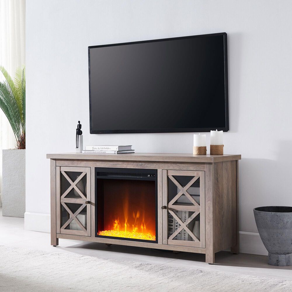 Hudson and Canal Colton TV Stand with Fireplace Insert in Gray Oak | NFM
