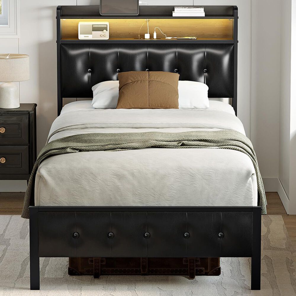 HOMLUX Twin Upholstered Bookcase Bed with LED Headboard with Charging Station in Black, , large