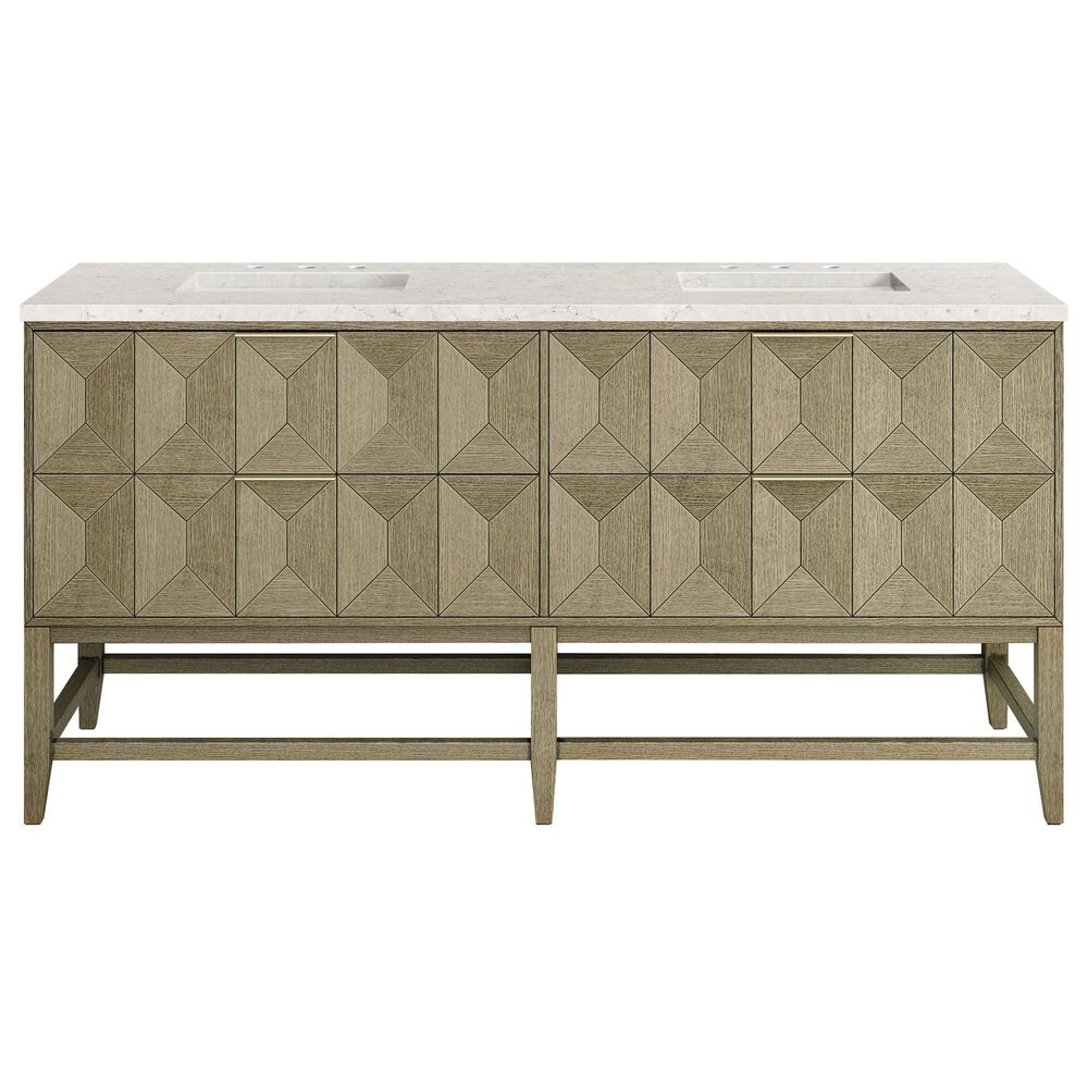 James Martin Vanities Emmeline 72" Double Bathroom Vanity in Pebble Oak with 3 cm Eternal Jasmine Pearl Quartz Top and Rectangular Sinks, , large