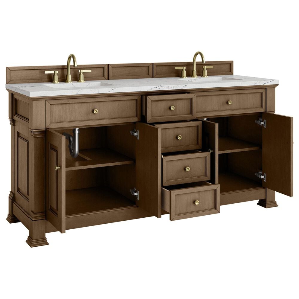 James Martin Vanities Brookfield 72&quot; Double Bathroom Vanity in Pecan with 3cm Ethereal Noctis Quartz Top and Rectangular Sinks, , large