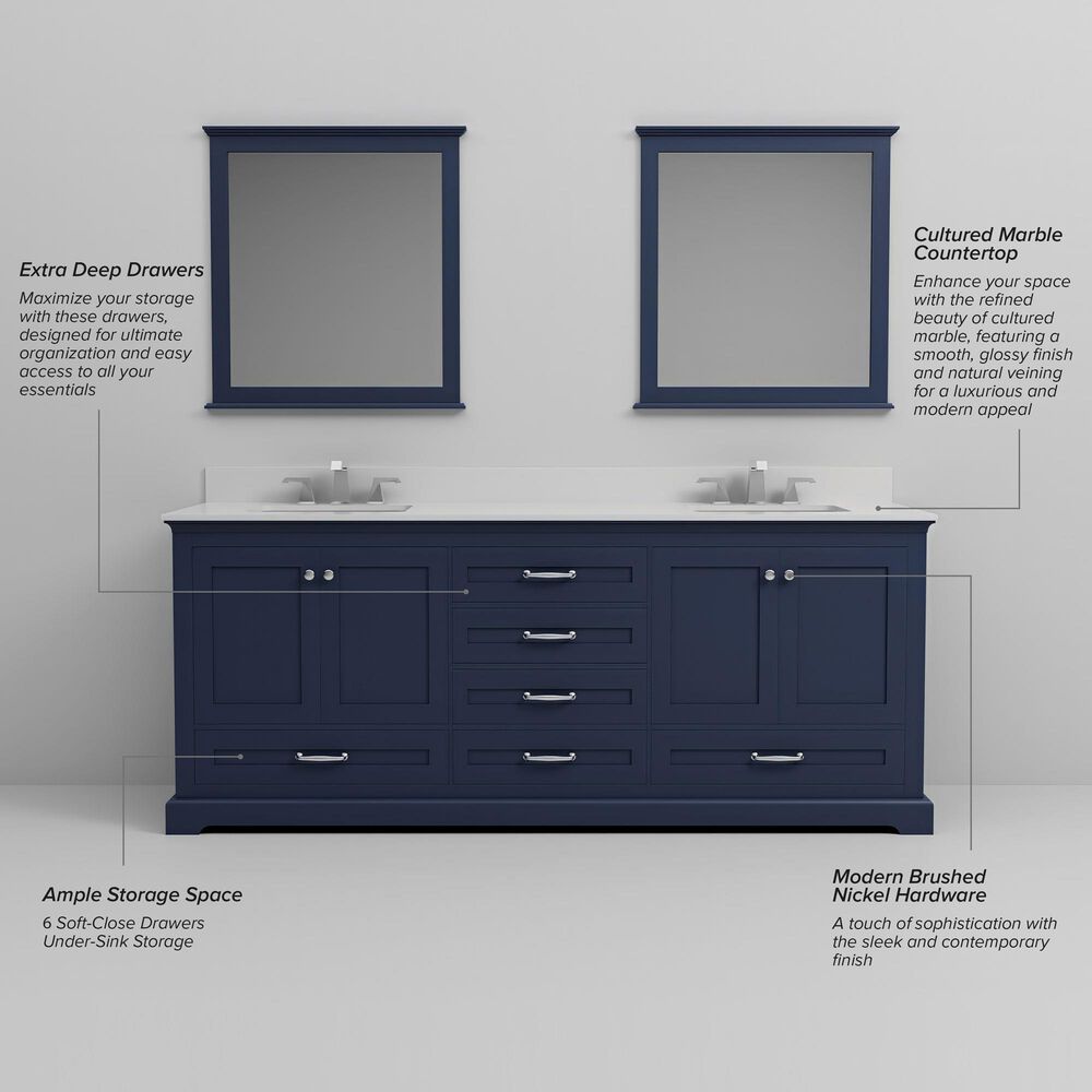 Lexora Home Dukes 80" Double Bathroom Vanity in Navy Blue with 2 cm White Cultured Marble Top and Rectangular Sinks, , large