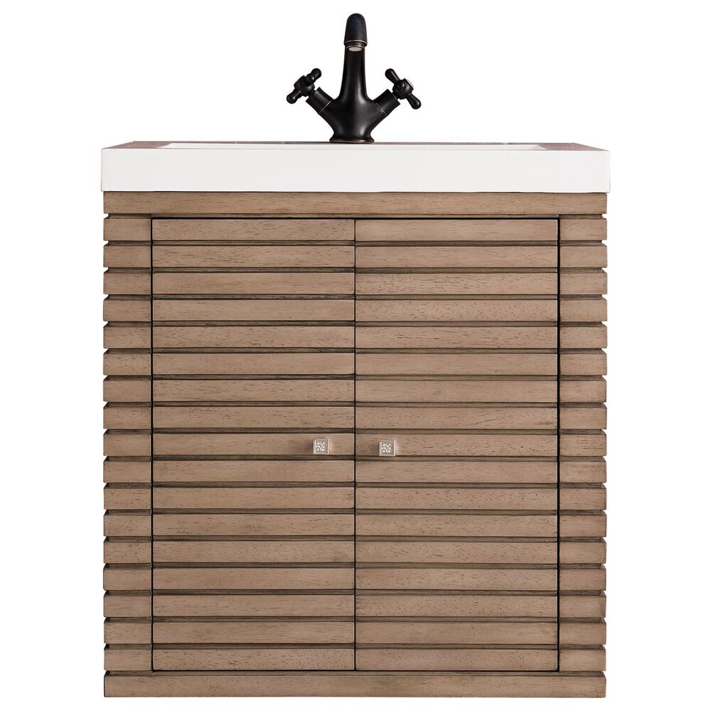 James Martin Vanities Linden 24&quot; Single Bathroom Vanity in Whitewashed Walnut with 5 cm White Glossy Resin Top and Rectangular Sink, , large