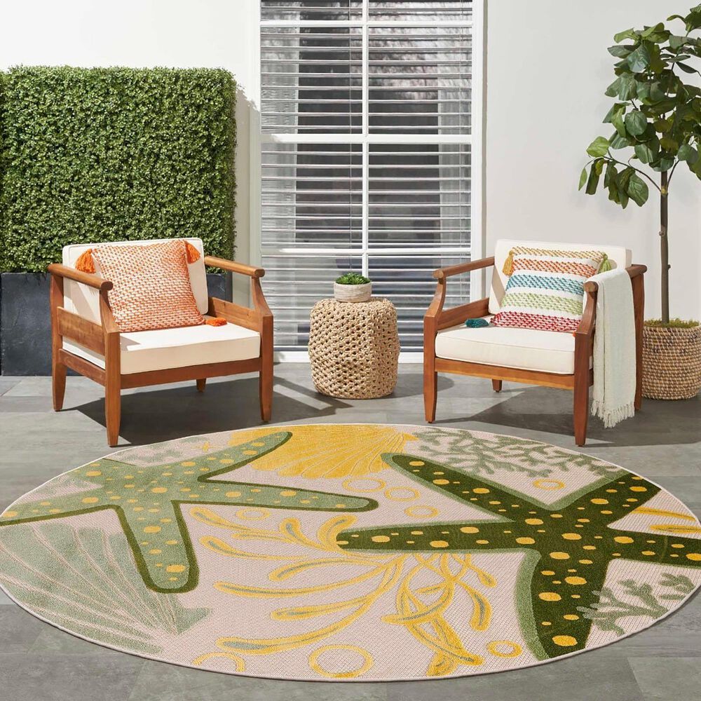 Nourison Aloha 5&#39;3&quot; Round Green and Yellow Indoor/Outdoor Area Rug, , large