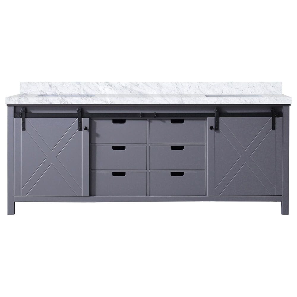 Lexora Home Marsyas 84" Double Bathroom Vanity in Dark Grey with White Carrara Marble Top and Rectangular Sinks, , large