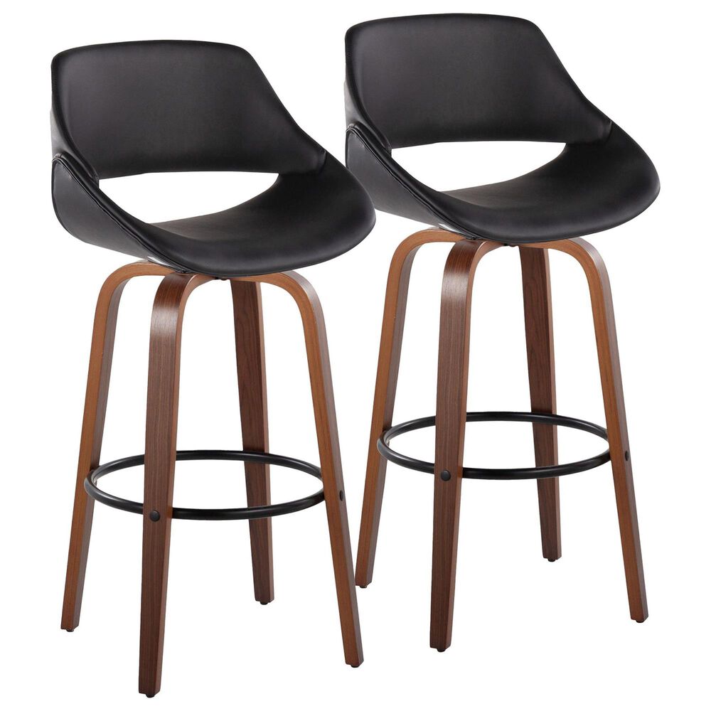 LumiSource Fabrico 30" Swivel Fixed-Height Bar Stool with Black Faux Leather Upholstery in Black and Walnut (Set of 2), , large
